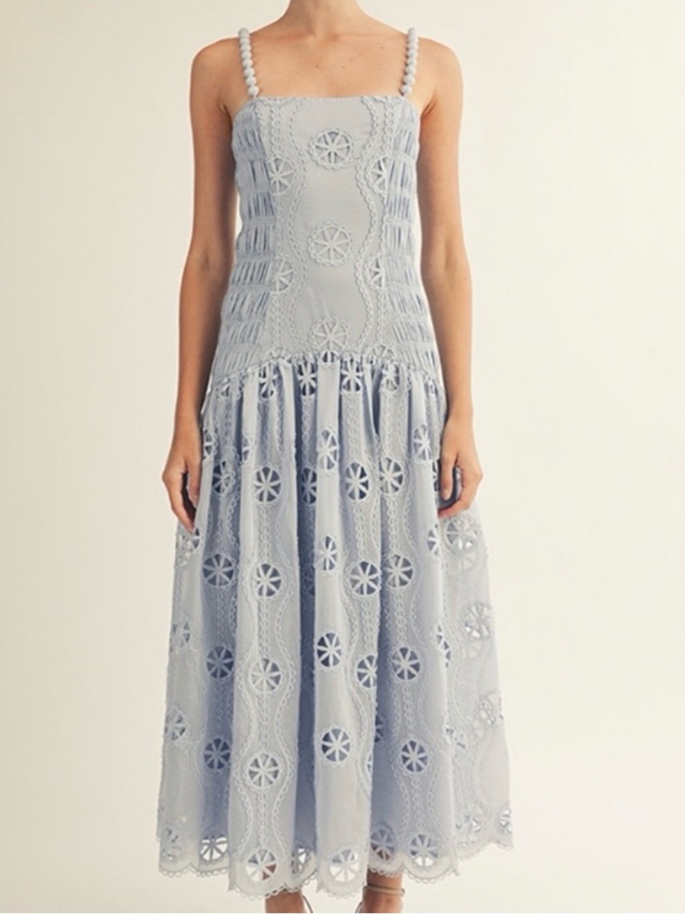 Arose Studio Harper Blue Lace Beaded Drop Waist Midi Dress Medium